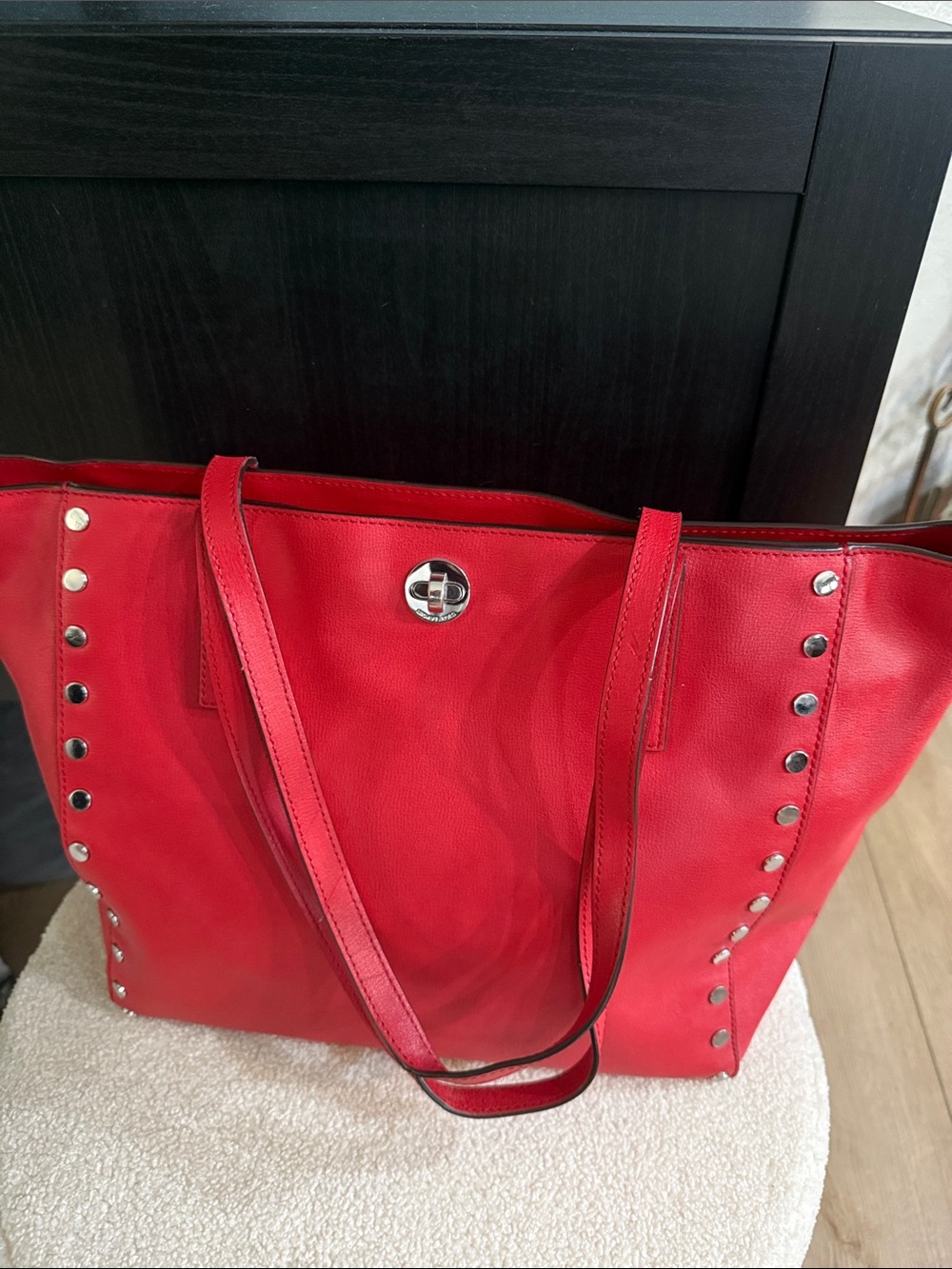 Michael Kors Red Studded Leather Tote Bag - Sleek Everyday Shoulder Bag